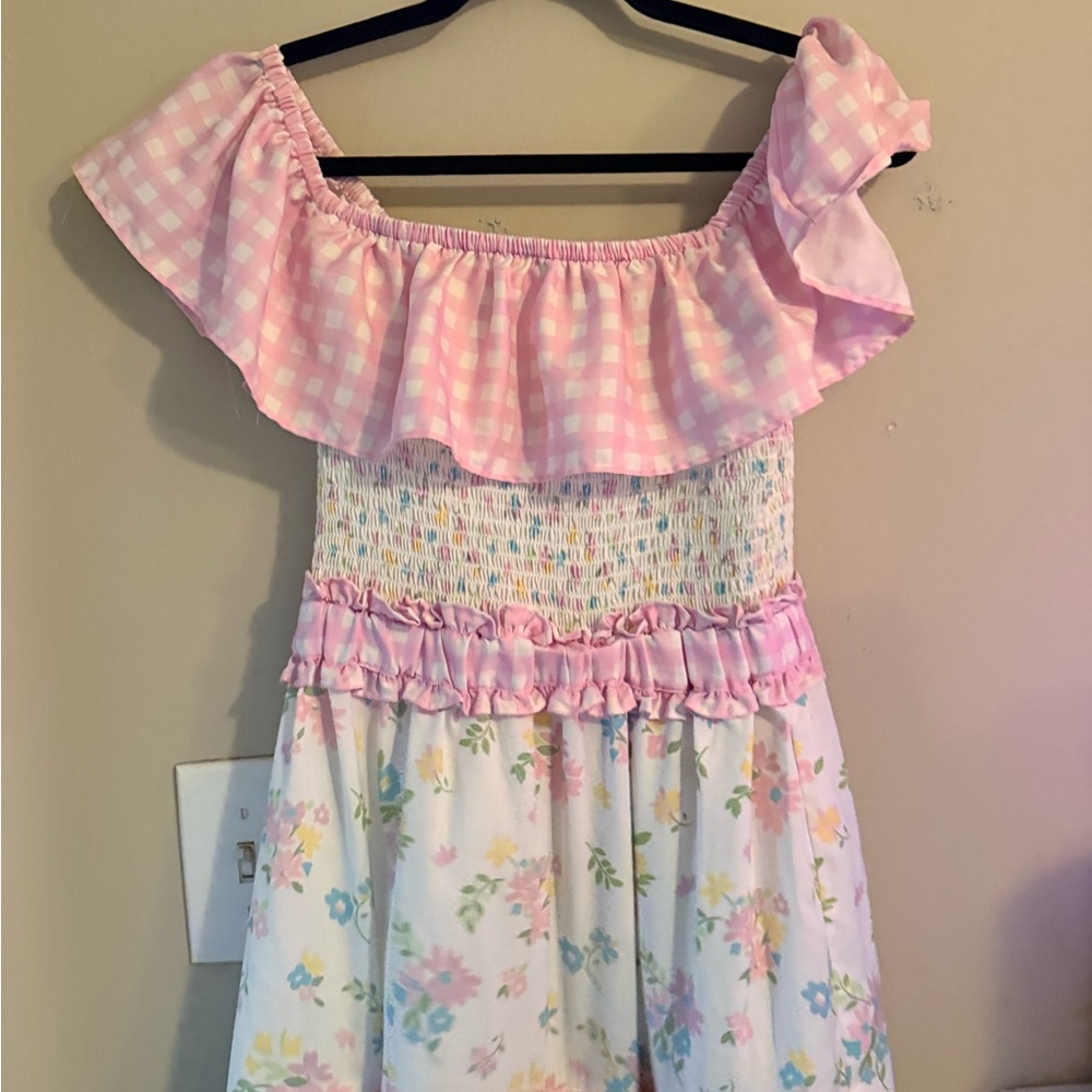 Miss Selfridge Pink Gingham Off-Shoulder Maxi Dress with Floral print EASTER